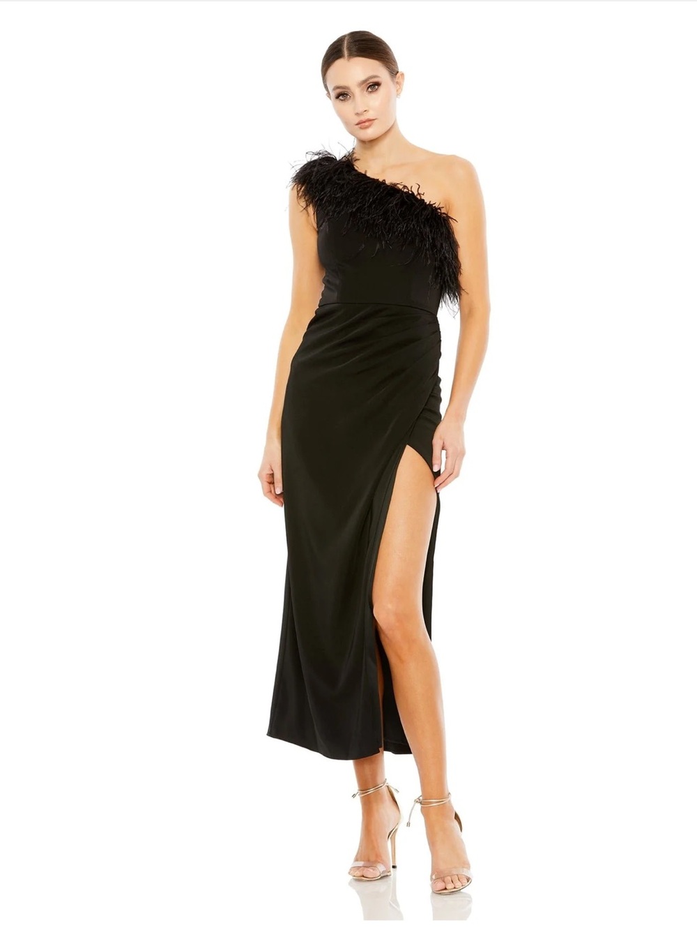 NWT Mac Duggal Black One-Shoulder Ostruch Feather-Trim Gown Size 6